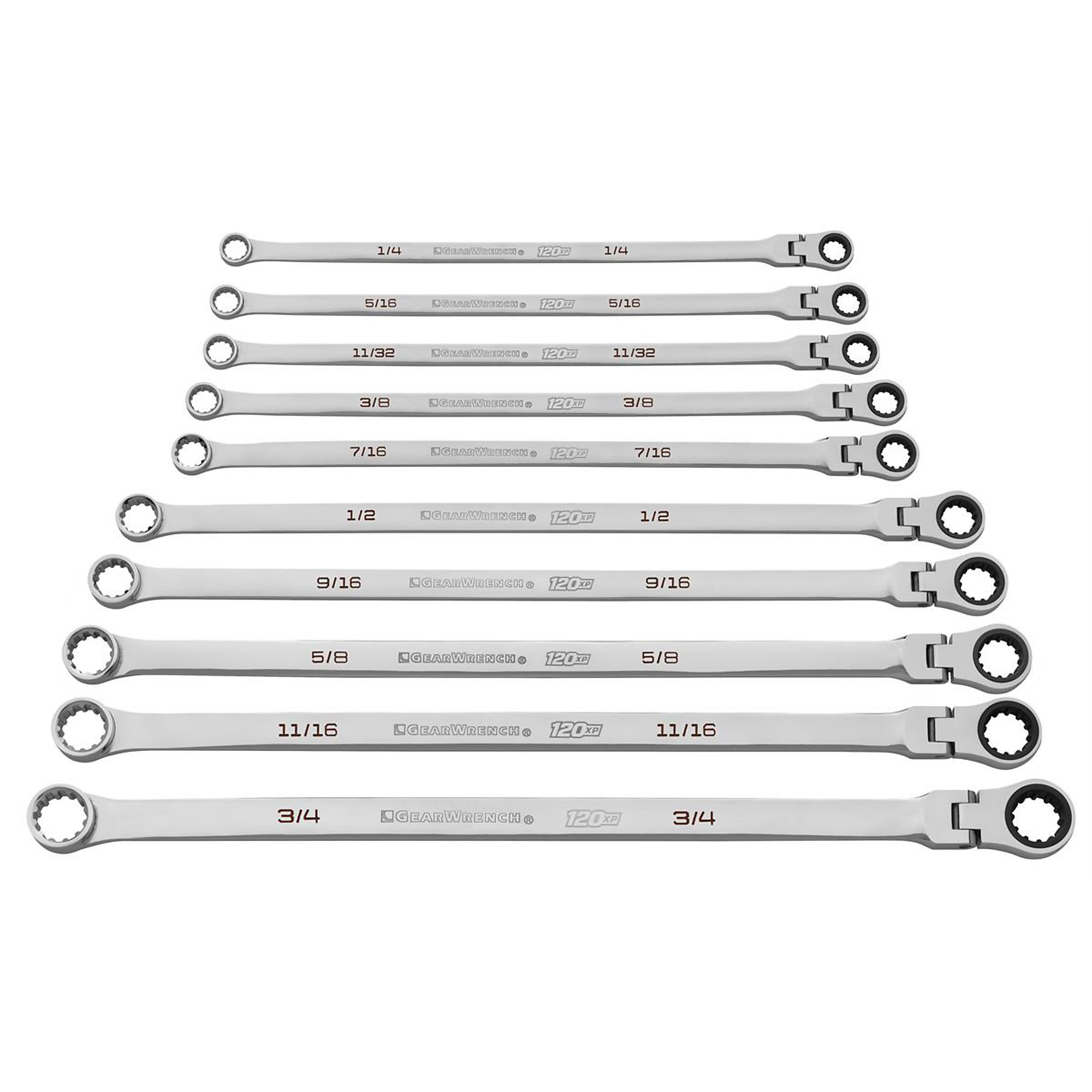 GearWrench 10-Piece 120XP Universal Spline XL Flex Head GearBox Ratcheting SAE Wrench Set — Alloy Steel, 3° Swing Arc, Model# KDT86142